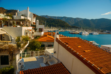 MARMARIS, MUGLA, TURKEY: Beautiful landscape with top view of the city of Marmaris. View from Marmaris Fortress on a sunny day.のeditorial素材