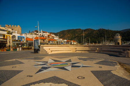 MARMARIS, MUGLA, TURKEY: Mosaic with the image of a seagull on a paving stone with the symbol of Marmaris.のeditorial素材
