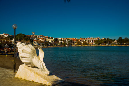 DATCA, MUGLA, TURKEY: The Seashell monument on the promenade in the town of Datca on a sunny day.のeditorial素材