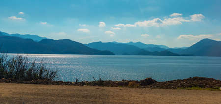 MARMARIS, MUGLA, TURKEY: Beautiful landscape with mountain and sea views on a sunny day.の写真素材