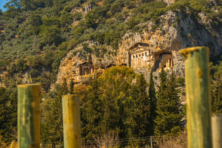 DALYAN, MUGLA, TURKEY: Rock-cut temple tombs of the ancient city Kaunos in Dalyan.のeditorial素材