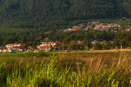 AKYAKA, MUGLA, TURKEY: View of Akyaka village and mountains on a sunny day, Mugla provinceの写真素材