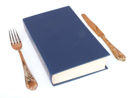 Comic photo of the book with tablewares on a white background.の写真素材