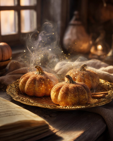 Freshly baked pumpkin-shaped pastries with sparkling cinnamon sugar on a golden trayの素材
