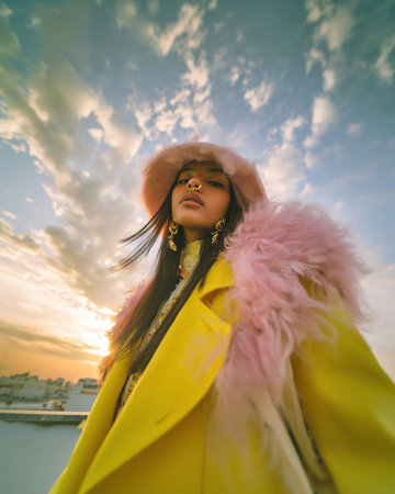 Beautiful woman wearing yellow coat and pink fur hatの素材