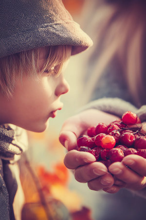 Little boy with lingoberries in mother's hands. Selective focus. nature.の素材