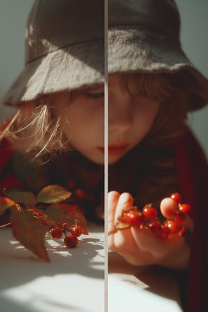 Collage of a cute little boy in a hat with autumn red lingonberries in his handsの素材