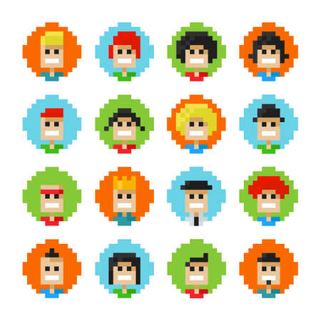 16 Circles Pixel Male And Female Faces Avatars. Vector Illustration. 8 Bit Graphic Styleのイラスト素材