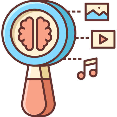 Line vector icon of content marketing search illustration. Magnifying glass, brain, picture, play, music symbol.のイラスト素材
