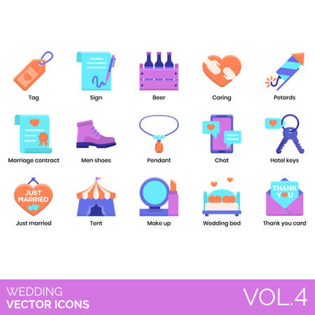 Wedding icons including tag, sign, beer, caring, petards, marriage contract, men shoes, pendant, chat, hotel keys, just married, tent, makeup, bed, thank you card.のイラスト素材