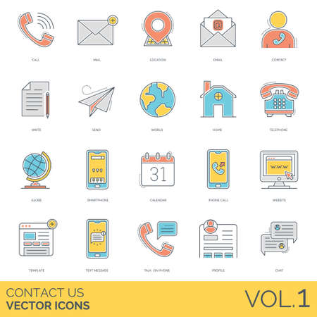 Contact us icons including call, mail, location, email, write, send, world, home, telephone, globe, smartphone, calendar, website, template, text message, talk on phone, profile, chatのイラスト素材