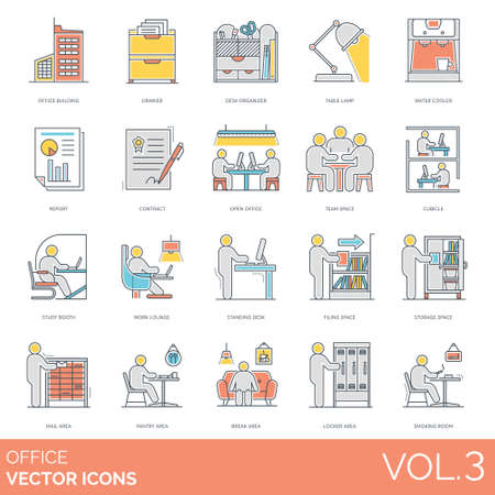 Office icons including building, drawer, organizer, table lamp, water cooler, report, contract, open, team, cubicle, study booth, work lounge, standing desk, filing space, storage, mail area, pantry, break, locker, smoking room.のイラスト素材