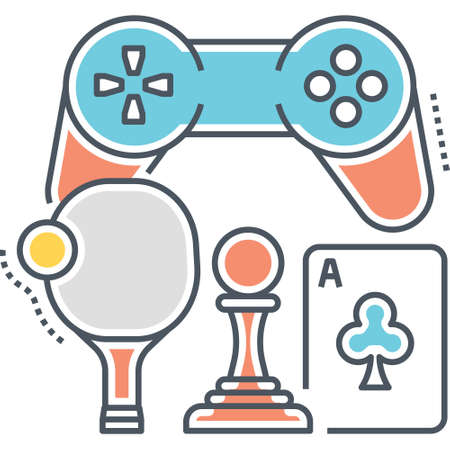 Line vector icon of games room concept with joystick, table tennis, chess, card illustrationのイラスト素材