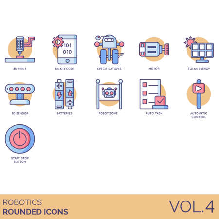 Robotics icons including 3d print, binary code, specifications, motor, solar energy, sensor, batteries, robot zone, auto task, automatic control, start stop button.のイラスト素材