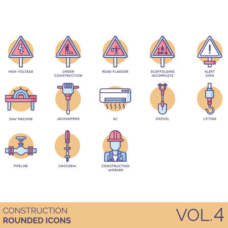 Construction icons including high voltage, under, road flagger, scaffolding incomplete, alert sign, saw machine, jackhammer, AC, shovel, lifting, pipeline, unscrew, worker.のイラスト素材