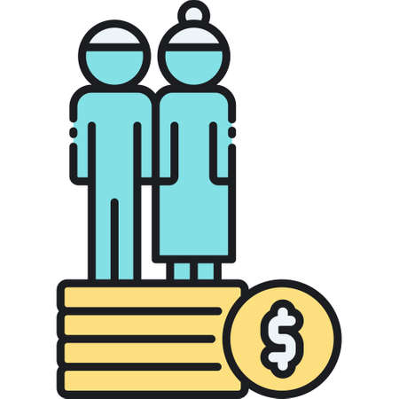 Line vector icon illustration of elderly couple standing on stack of documents, pension insurance contract conceptのイラスト素材