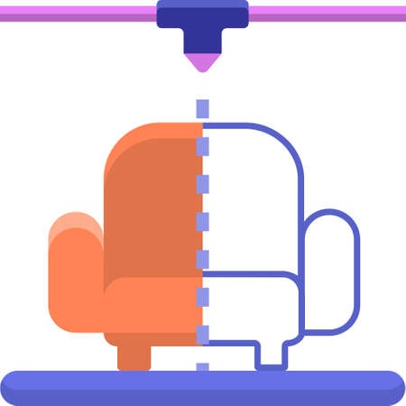 Flat vector icon illustration of sofa rapid prototyping using 3D printer