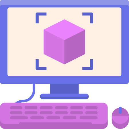 Flat vector icon illustration of cube on computer screen. 3D modeling concept.のイラスト素材