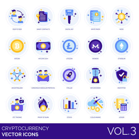Cryptocurrency icons including peer-to-peer, smart contracts, digital key, white paper, node, bitcoin, cash, litecoin, monero, ethereum, decentralized, consensus modular protocol, stellar, mixer, encrypted, OTC trading, proof of burn, stocks, cloud mining, ledger.のイラスト素材