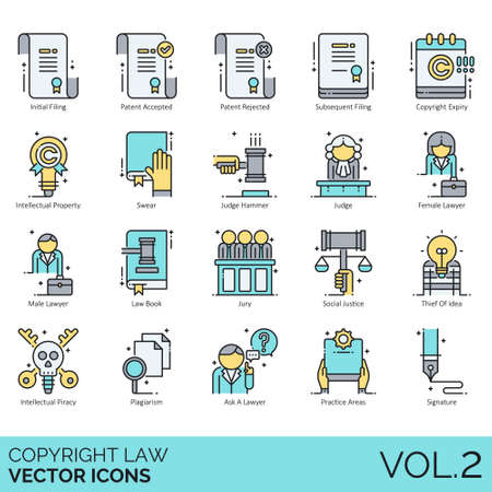 Copyright law icons including initial filing, patent accepted, rejected, subsequent, expiry, intellectual property, swear, judge hammer, female, male, book, jury, social justice, thief of idea, piracy, plagiarism, ask a lawyer, practice areas, signature.のイラスト素材