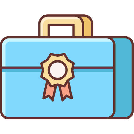 Flat vector icon illustration of a briefcase with badge sign, professional portfolio conceptのイラスト素材
