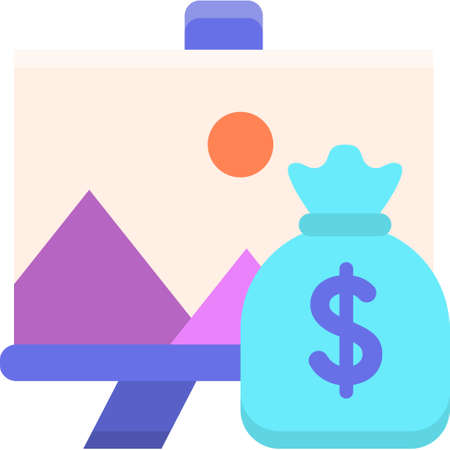 Flat vector icon of canvas painting and money bag illustration, profitable design concept