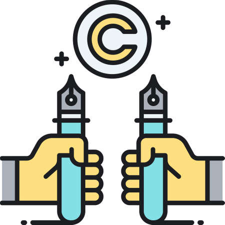 Outline vector icon of copyright conflict illustration. Two hands holding pens against each other.