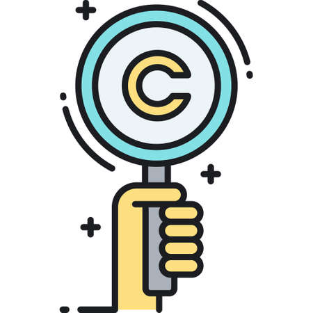 Line vector icon illustration of search records. A hand looking for copyright symbol with magnifying glass.のイラスト素材