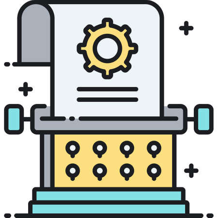 Outline vector icon of a typewriter and a paper with gear symbol illustration, literature work conceptのイラスト素材