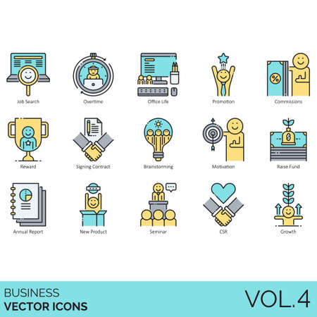 Business icons including job search, overtime, office life, promotion, commissions, reward, signing contract, brainstorming, motivation, raise fund, annual report, new product, seminar, CSR, growth.のイラスト素材