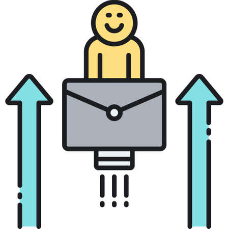 Vector line icon of male with briefcase and up arrows, career advancement illustration conceptのイラスト素材