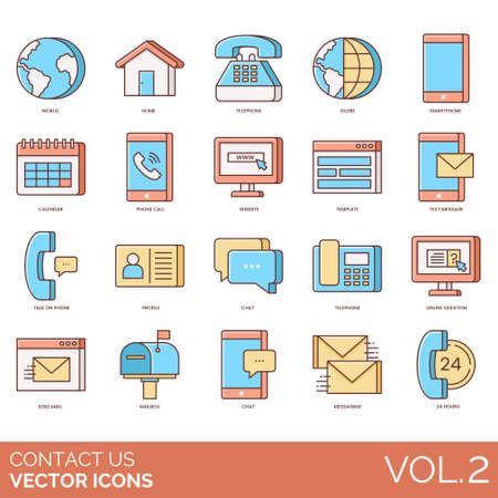 Contact us icons including world, home, telephone, globe, smartphone, calendar, phone call, website, template, text message, talk, profile, chat, online question, send mail, mailbox, messaging, 24 hours.のイラスト素材