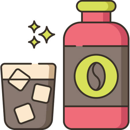 Vector line icon illustration of coffee bottle and glass with ice cubes. Cold brew concept.のイラスト素材
