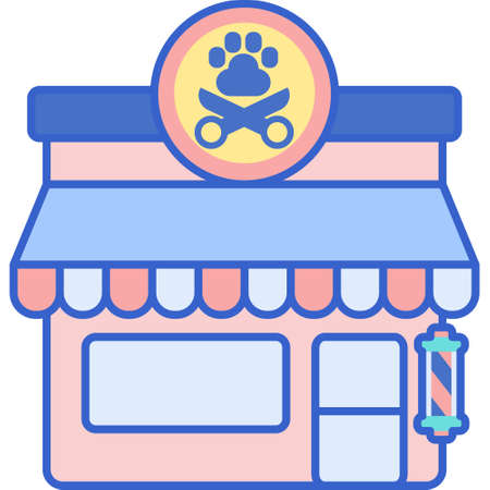 Vector flat icon of a shop with barber pole, paw, shears sign. Pet salon illustration concept.のイラスト素材