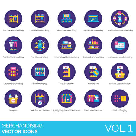 Merchandising icons including product, retail, visual, digital, omnichannel, fashion, toy, technology, grocery, ecommerce, cross, window display, in store ads, demonstration, sample, well stocked shelves, spotlighting promotional item, merchandiser, staging.