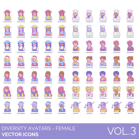 Female diversity avatars set including farmer woman, painter, chef, punk, music girl. Different style of people portrait and user profile picture. Flat vector character illustration.のイラスト素材