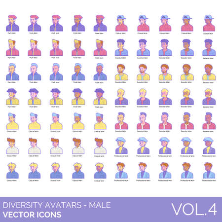 Male diversity avatars set including punk man, casual, sweater, professional. Different style of people portrait and user profile picture. Flat vector character illustration.のイラスト素材