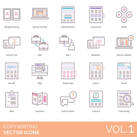 Copywriting icons including A/B split testing, above the fold, advertisement, advertorial, AIDCA, anchor text, b2b, b2c, backlink, banner advert, benefit, blog, body copy, bonus, brand, brief, brochure, action, call out, case study.のイラスト素材