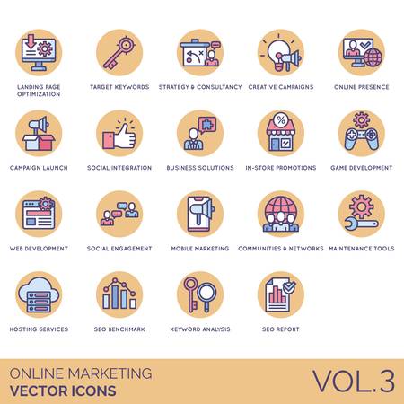 Online marketing icons including landing page optimization, target keyword, strategy, consultancy, creative campaign, presence, launch, social integration, business solution, in store promotion, game development, web, engagement, mobile, community, network, maintenance tools, hosting service, seo benchmark, analysis, report.のイラスト素材