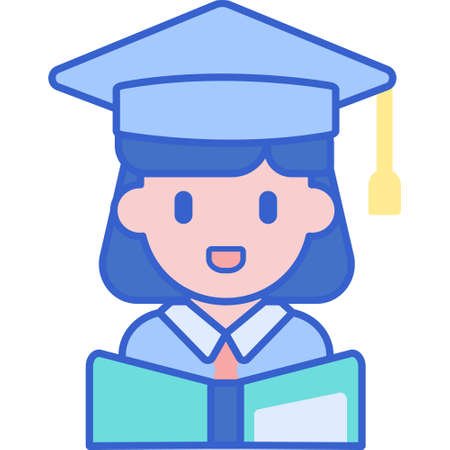 Vector flat icon illustration of female student with graduation cap reading book. Online education concept.のイラスト素材