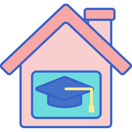 Flat vector icon illustration of a house with graduation cap symbol. Home education concept.のイラスト素材