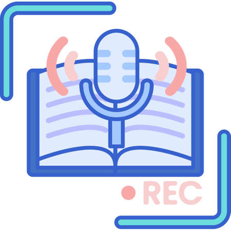 Vector flat icon illustration of voice record. Book and microphone. E-learning and online education concept.のイラスト素材