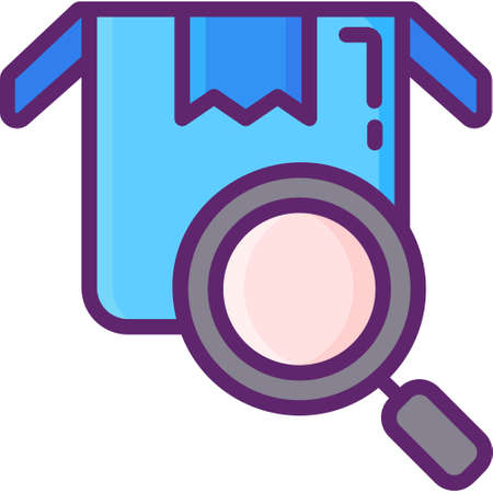 Flat vector icon illustration of an open box and a magnifying glass. Parcel inspection concept.のイラスト素材