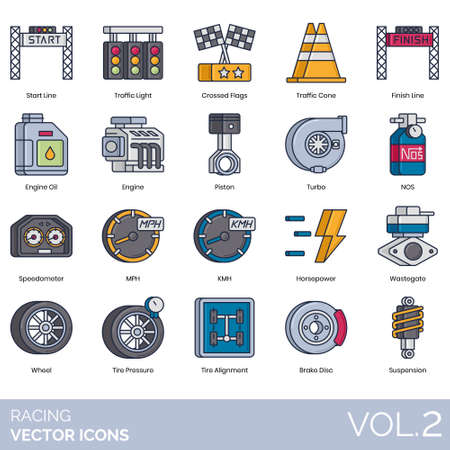 Racing icons including start line, traffic light, crossed flag, cone, finish, engine oil, piston, turbo, NOS, speedometer, MPH, KMH, horsepower, wastegate, wheel, tire pressure, alignment, brake disc, suspension.のイラスト素材