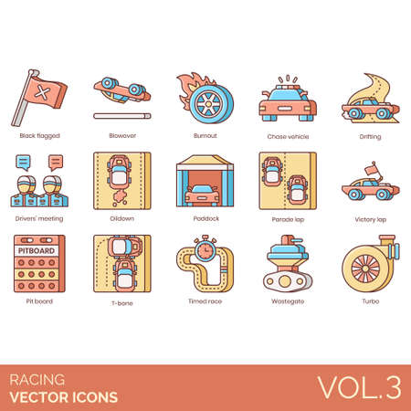 Racing icons including black flagged, blowover, burnout, chase vehicle, drifting, drivers meeting, oildown, paddock, parade lap, victory, pit board, t-bone, timed race, wastegate, turbo.のイラスト素材
