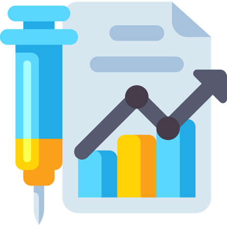 Flat vector icon illustration of a syringe and a graph with arrow pointing upwards. Vaccination statistics concept.のイラスト素材
