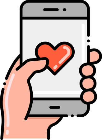 Flat vector icon illustration of user engagement. A hand holding smartphone with heart symbol on the screen.のイラスト素材