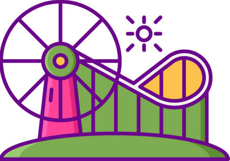 Flat vector icon illustration of rollercoaster and ferris wheel at amusement parkのイラスト素材