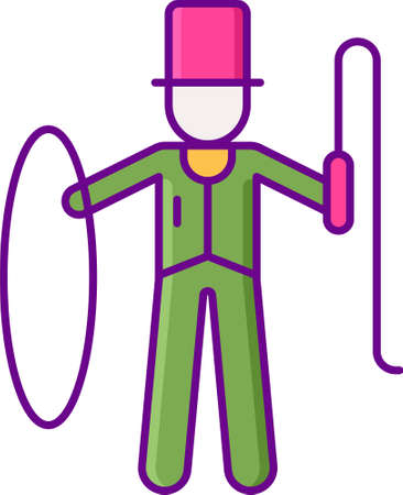 Vector flat icon illustration of a ringmaster carrying hoop and whip. Circus and amusement park concept.のイラスト素材