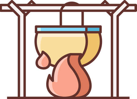Line vector icon illustration of campfire cooking. A pot over the fire. Camping concept.のイラスト素材